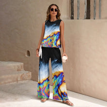 Load image into Gallery viewer, Harajuku Colorful Floral Pattern Print 2 Piece Womens Elegant O Neck Pullover And Straight Leg Pants Set Spring Summer Beach Set