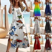 Load image into Gallery viewer, Elegant Summer Plus Size V-Neck Butterfly Print Dress - Split Hem Short Sleeve Women's Fashion