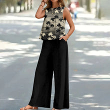 Load image into Gallery viewer, Bohemian Leaf Print Holiday Pants Set Round Neck Elegant Temperament Summer Sleeveless Top And Pants Hawaii Vacation Womenswear