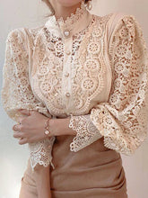 Load image into Gallery viewer, Women Chiffon Button Turtleneck Shirt Chic Elegant Floral Lace Fluffy Long Sleeve Top Fashion Hollow Oversize White Blouse 2025