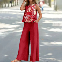 Load image into Gallery viewer, Bohemian Leaf Print Holiday Pants Set Round Neck Elegant Temperament Summer Sleeveless Top And Pants Hawaii Vacation Womenswear