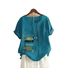 Load image into Gallery viewer, Women Cotton Linen Blouse Shirts Summer O-Neck Short Sleeve Vintage Floral Print Loose Tops WYLP-AL620409060860