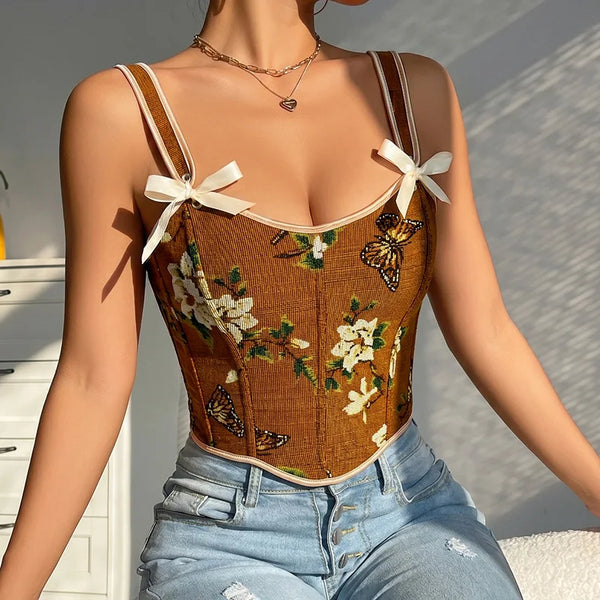 Sexy Strap Bra Tops French Style Floral Printing Retro Vest Style Double Strap Sling Chest Support Body Shapewear Vintage Corset