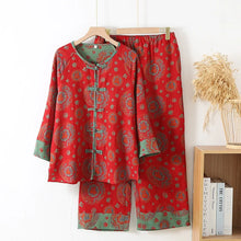Load image into Gallery viewer, National Style Cotton Double-layer Gauze Women's Pajamas Set for New Year Red Plate Buckle Festival Style Home Clothes