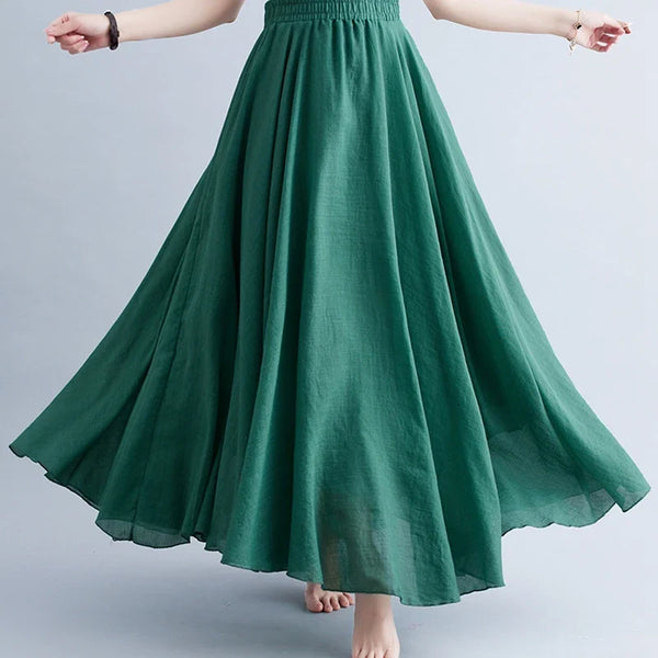 Boho Cotton Linen Beach Long Skirt Women Vintage Casual Solid A-line High Waist Dance Floor-Length Maxi Skirt Spring Summer New