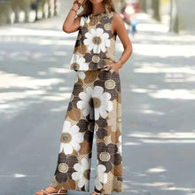 Load image into Gallery viewer, Bohemian Leaf Print Holiday Pants Set Round Neck Elegant Temperament Summer Sleeveless Top And Pants Hawaii Vacation Womenswear