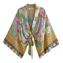 Load image into Gallery viewer, Happie Queens Peacock Short Robe Kimono Swimsuits Women Fashion Floral Batwing Sleeves Rayon Bohemian Bikini Cover Ups Beachwear