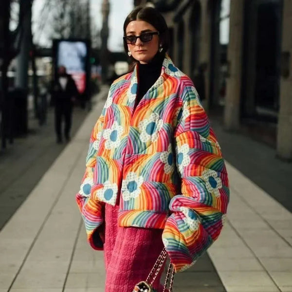Fashionable Autumn/winter New Release Rainbow Flower Padded Jacket Cross-border Style Quilted Coats For Men Women