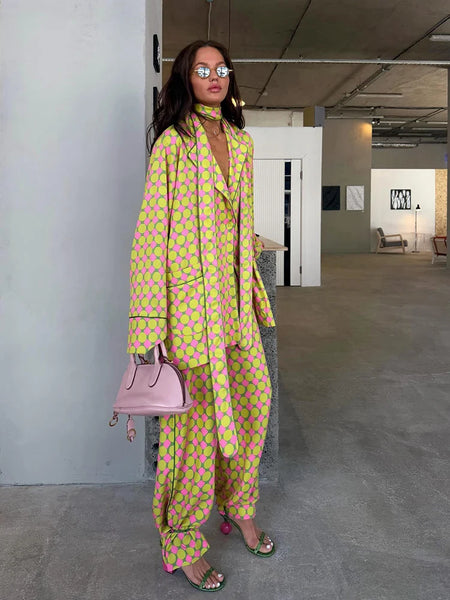 Vintage Polka Dot Women's Pants Sets 2 Pieces Tie Lapel Full Sleeve Blouses Loose Wide Leg Pant 2026 Autumn Lady Vacation Suits