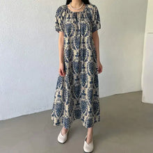 Load image into Gallery viewer, Holiday Summer Maxi Dress Women Fashion Short Sleeve Robe Vintage Printed Bandage O-neck Sundress Casual Loose Vestidos