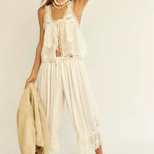 Load image into Gallery viewer, Women's Boho Vintage 2 Piece Pants Outfit Summer Casual Sleeveless Tie Front Lace Trim Tank Tops Drawstring Pants Sets