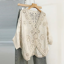 Load image into Gallery viewer, Boho Crochet Cardigan - Romantic Floral &amp; Geometric Lace Cover-Up For Vacation &amp; Daily Wear | Lightweight V-Neck Button-Up Knit