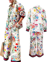 Load image into Gallery viewer, Women&#39;s Fall Casual Outfits Floral Print Long Sleeve Button Down Lapel Shirt with Elastic Waist Wide Leg Pants Sets Streetwear