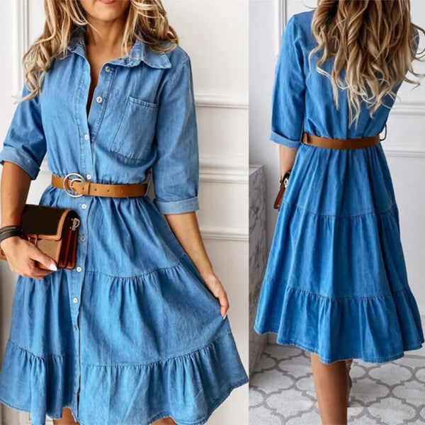 Denim Dress Three Quarter Sleeve with Belt Turn-down Collar Spring Autumn Buttons Ruffle Jeans Dresses for women 2025
