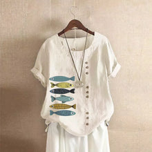 Load image into Gallery viewer, Women Cotton Linen Blouse Shirts Summer O-Neck Short Sleeve Vintage Floral Print Loose Tops WYLP-AL620409060860