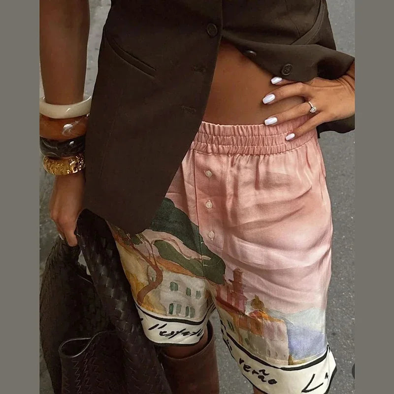Holiday Printed Shirt Shorts Suits Women Casual Long Sleeve Lapel Button Shirt Loose Lady 2025 Summer Fashion Short Pants Set