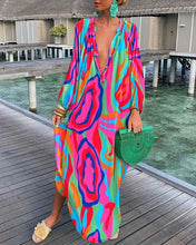 Load image into Gallery viewer, Autumn Women's Print Casual Dress New Fashion V-neck Long Sleeve Loose Holiday Party Long Dresses For Women Robe Femme 2024