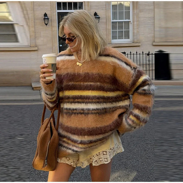 Casual Color Block Striped Pullover Women's O-neck Long Sleeve Loose Knit Sweater 2026 Autumn New Lady Vintage Outdoor Wear