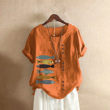 Load image into Gallery viewer, Women Cotton Linen Blouse Shirts Summer O-Neck Short Sleeve Vintage Floral Print Loose Tops WYLP-AL620409060860