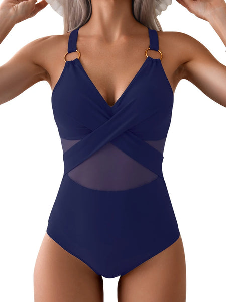 2026 Plain Ruched Swimsuit Women One Piece Ring Link Swimwear Female Bathers Bathing Swimming Swim Bodysuit Summer Beachwear