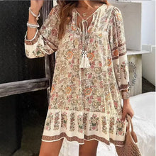 Load image into Gallery viewer, Casual Print Loose Dress For Women Fashion Long Sleeve V Neck Lace-up Vintage Pullover Dresses Lady Boho Holiday Womens Clothing