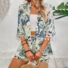 Load image into Gallery viewer, Two Piece Set For Women Outfits Open-front Cardigan Smock Flower Printed Beach Shorts Summer Suits Female Clothing Beachwear