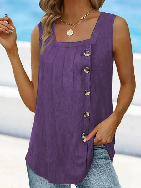 Summer New Women's Pleated Square Neck Sleeveless Swallowtail Button Tank Top for Women