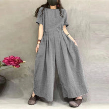 Load image into Gallery viewer, Short Sleeve Checked Wide Leg Overalls Pleated Waist O Neck Loose Casual Gingham Jumpsuits 2024 Fashion Women Long Romper