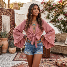 Load image into Gallery viewer, Boho Queens Women Star Moon Embroidery Ruffles Flare Sleeve Short Bohemian Kimono Vacation Beach Summer Bikini Boho Cover-ups