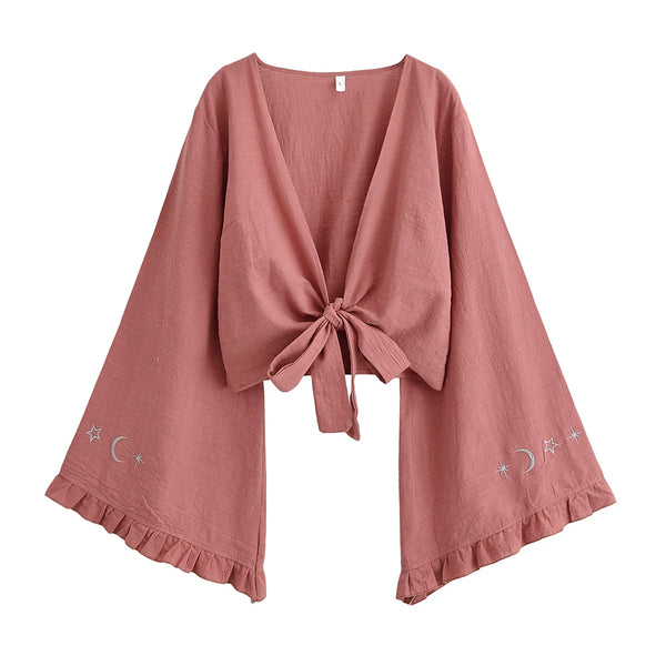 Boho Queens Women Star Moon Embroidery Ruffles Flare Sleeve Short Bohemian Kimono Vacation Beach Summer Bikini Boho Cover-ups