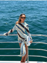 Load image into Gallery viewer, Women Sleeveless Stripe Maxi Dress Cowl Neck Multicolor Ruched Bodycon High Slit Chiffon Vestido Sexy Evening Party Summer Gown