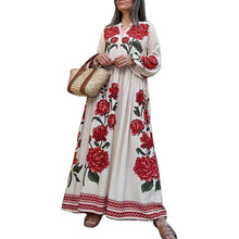 Load image into Gallery viewer, Summer V-neck Flower Print Loose Casual Fall Swing Dress Women Long Dress Long Sleeve Dress