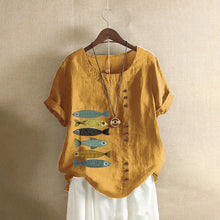Load image into Gallery viewer, Women Cotton Linen Blouse Shirts Summer O-Neck Short Sleeve Vintage Floral Print Loose Tops WYLP-AL620409060860