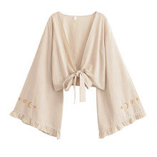 Load image into Gallery viewer, Boho Queens Women Star Moon Embroidery Ruffles Flare Sleeve Short Bohemian Kimono Vacation Beach Summer Bikini Boho Cover-ups