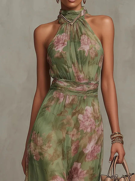 Fashion Sleeveless High Neck Ruched Waist Chiffon Flowy Evening Party Dress 2026 New Women Floral Print Halter Maxi Dress