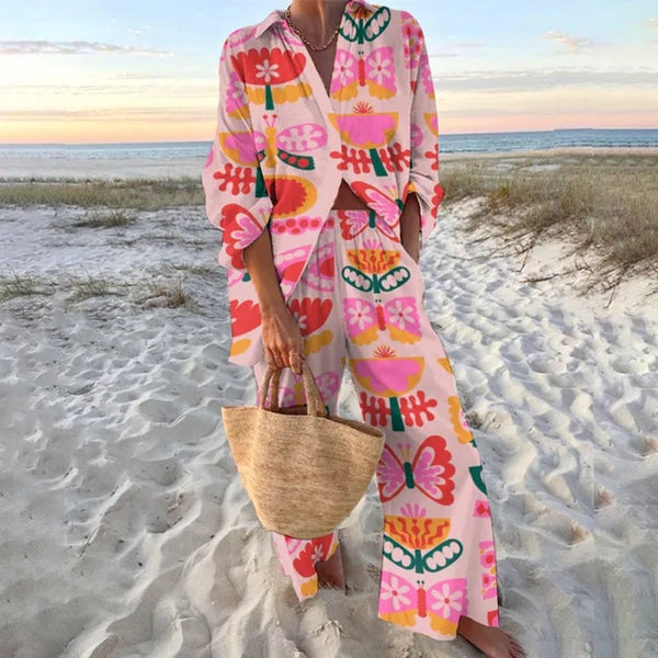 Fashion Print Beach Holiday 2-Piece Set Women Spring Summer Long Sleeve Shirt Top + Wide Legs Women's Oversized Two-Piece Outfit