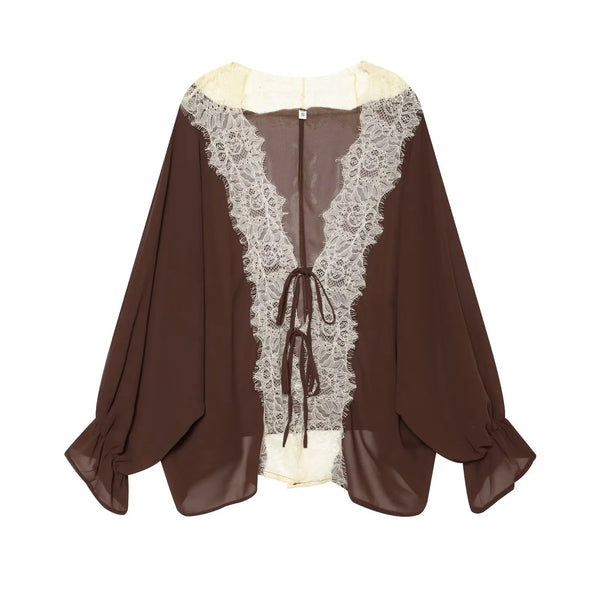Women Lace Patchwork Lantern Long Sleeve Shirt Top Tie-up Loose Sheer Blouse Elegant Irregular High Street Fashion Lady