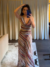Load image into Gallery viewer, Women Sleeveless Stripe Maxi Dress Cowl Neck Multicolor Ruched Bodycon High Slit Chiffon Vestido Sexy Evening Party Summer Gown