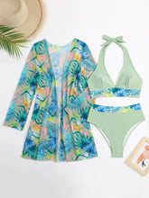 Load image into Gallery viewer, Halter Print Bikini Sets 3PCS Women Swimsuit With Kimono High Waist Swimwear Female Bathers Bathing Swimming Swim Suit Beachwear