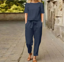 Load image into Gallery viewer, Women's Pullover Shirt And Pants Two-piece Set Women's Cotton And Linen Summer Suit Short Sleeved O-neck Outfit Pants