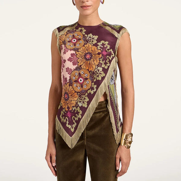 Fashion Floral Print Top With Fringe Trim For Women Vintage O-neck Sleeveless Asymmetric Hem Satin Blouse Lady 2026 Chic Tops