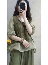 Load image into Gallery viewer, Faionable Cotton Linen Set Women&#39;s Summer New Print Patchwork Slimming Two-Piece Top Harlan Pants Fake Two-Piece Suit