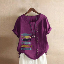 Load image into Gallery viewer, Women Cotton Linen Blouse Shirts Summer O-Neck Short Sleeve Vintage Floral Print Loose Tops WYLP-AL620409060860