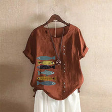 Load image into Gallery viewer, Women Cotton Linen Blouse Shirts Summer O-Neck Short Sleeve Vintage Floral Print Loose Tops WYLP-AL620409060860
