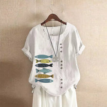 Load image into Gallery viewer, Women Cotton Linen Blouse Shirts Summer O-Neck Short Sleeve Vintage Floral Print Loose Tops WYLP-AL620409060860