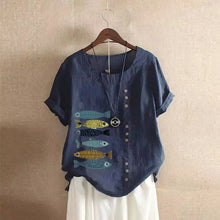 Load image into Gallery viewer, Women Cotton Linen Blouse Shirts Summer O-Neck Short Sleeve Vintage Floral Print Loose Tops WYLP-AL620409060860