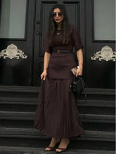 Load image into Gallery viewer, Elegant O Neck Short Sleeve Maxi Dress Women Fashion Solid Pleated Gauze Patchwork Dresses 2025 New Lady Office Commute Vestidos