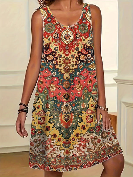 2025 Summer Women's Dresses Beach Casual Style Sleeveless Dresses Floral Printed Round Neck Dresses Loose With Pockets Dresses