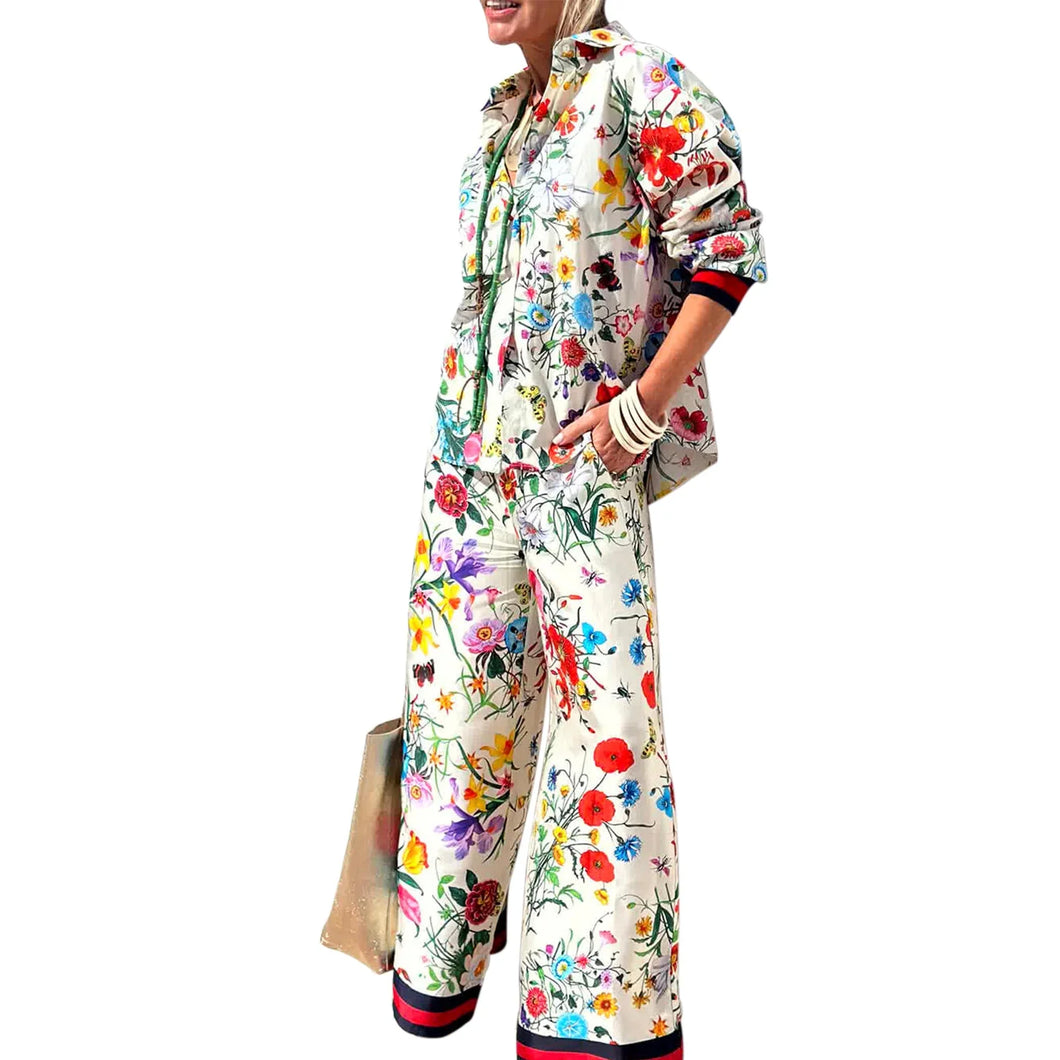 Women's Fall Casual Outfits Floral Print Long Sleeve Button Down Lapel Shirt with Elastic Waist Wide Leg Pants Sets Streetwear