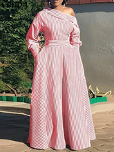 Load image into Gallery viewer, VONDA 2024 Women Elegant Striped Maxi Dress Bohemian Sundress Casual Loose Off Shoulder Long Sleeve Party Vestidos Robe Femme